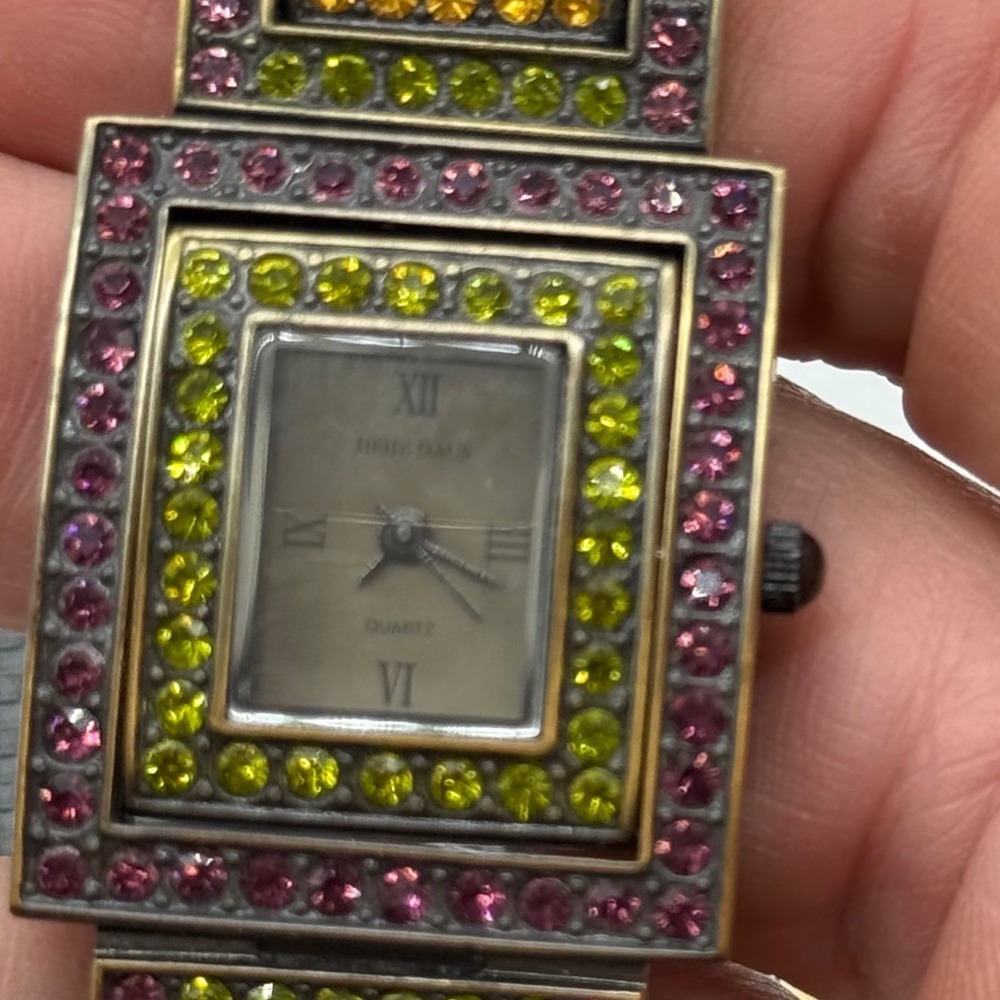 Heidi Daus Art Deco Swarovski Crystal Bronze Tone Quartz Bracelet Watch